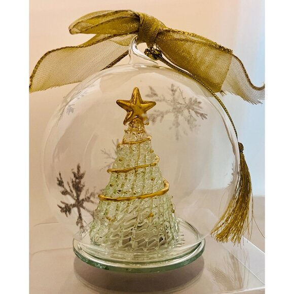 Lot of 2 Hand Blown Glass Christmas Ornament Snow Tree Star Gold Table or Tree - Picture 3 of 5